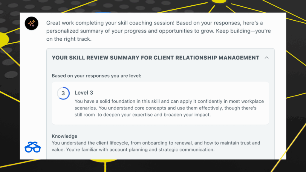 Screenshot of Degreed Maestro (AI for learning) rating skills based on a conversation with the user