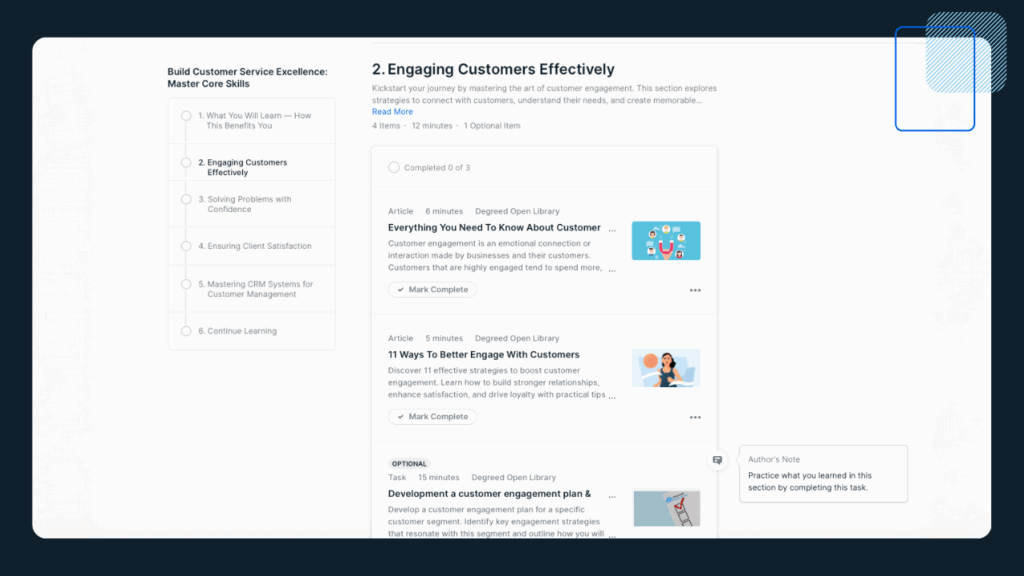 Screenshot of a customer service pathway in the content library that's included with Degreed Learning.