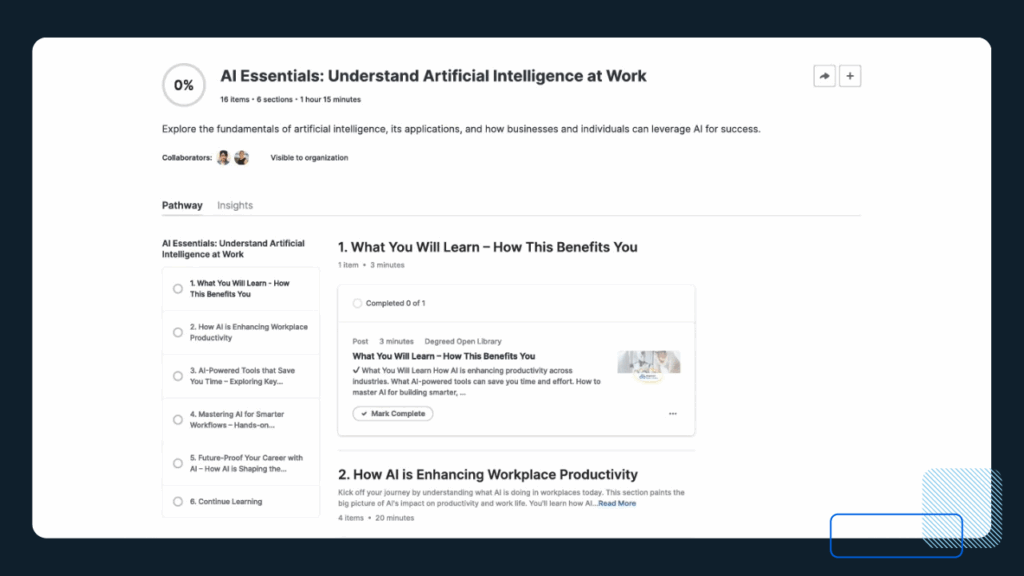 Screenshot of an AI pathway in the content library that's included with Degreed Learning.